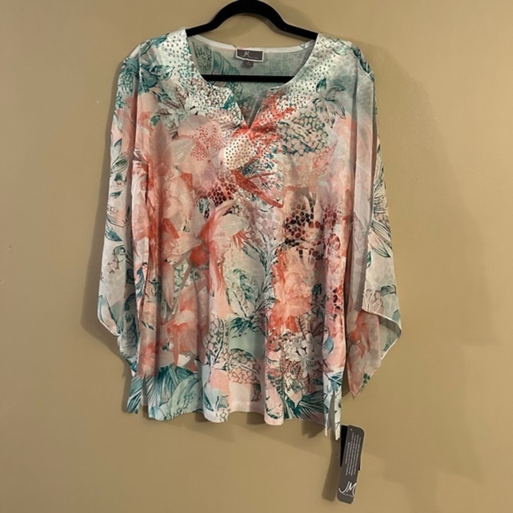 JM Collection Women Floral & Rhinestone Top Size Large